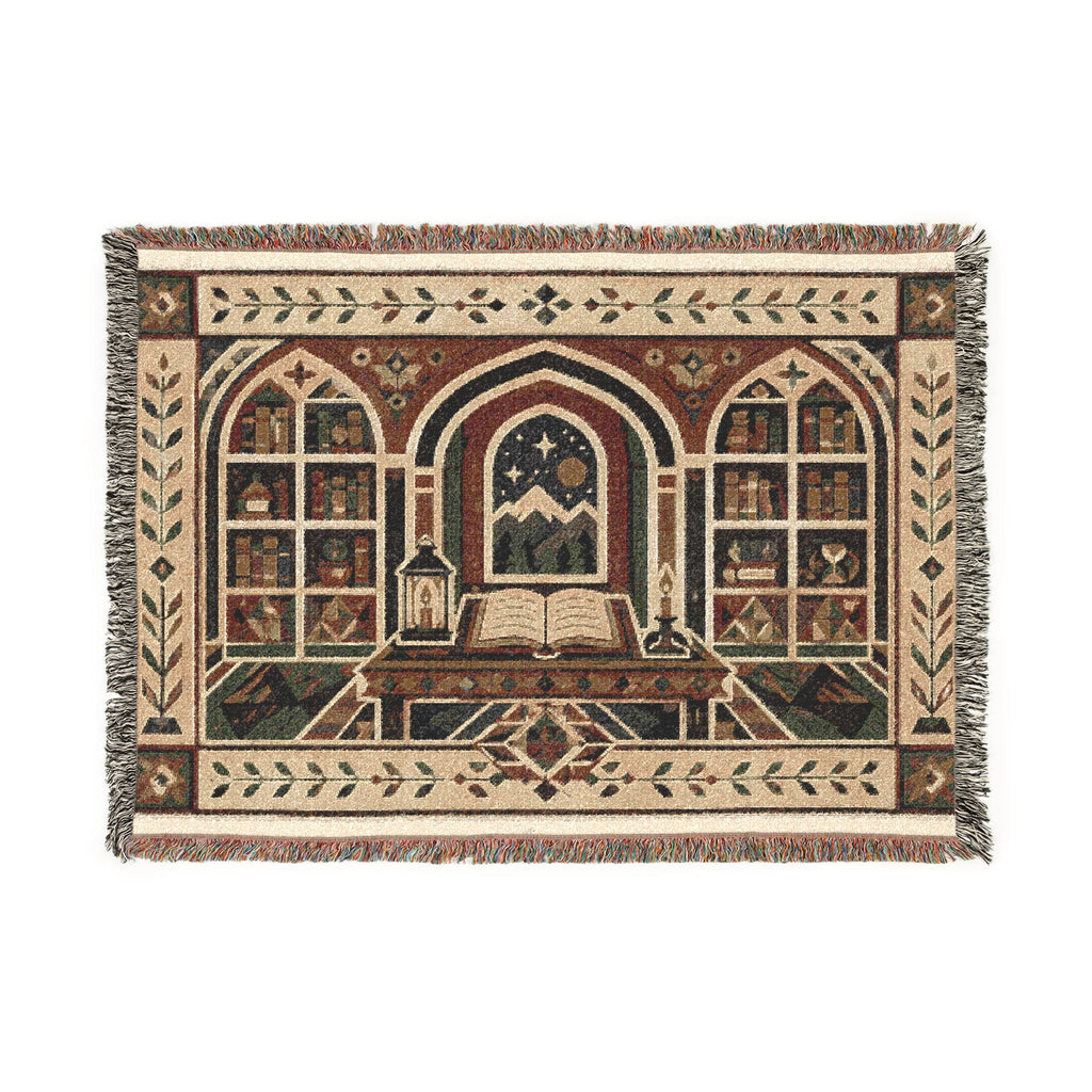 The Scholar's Sanctuary Woven Throw Blanket - Bookish Library Tapestry