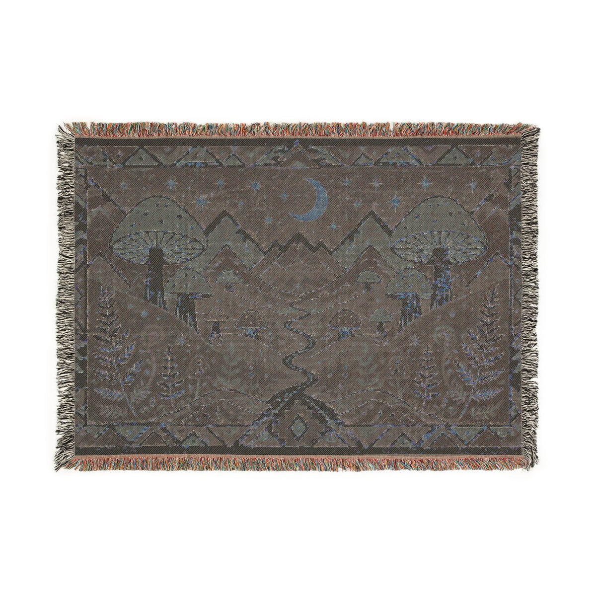 Moon Over Mushroom Vale Woven Throw Blanket - Cottagecore Forest Tapestry
